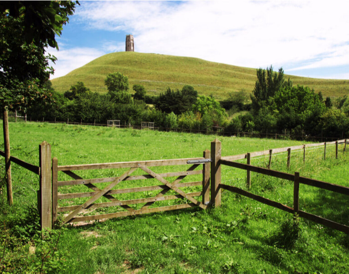 A wooden gate in a field.